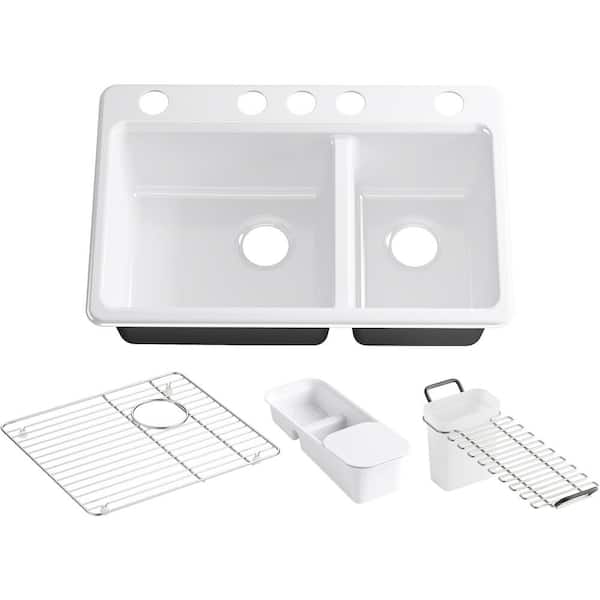 KOHLER Riverby Undermount Cast Iron 33 in. 5-Hole Double Bowl Kitchen Sink Kit in White