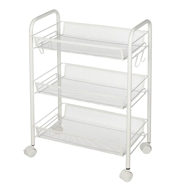 Unbranded 3-Tier Metal Mesh Wire 4-Wheeled Rolling Storage Utility Cart, White Storage Shelving Unit with Detachable Hooks