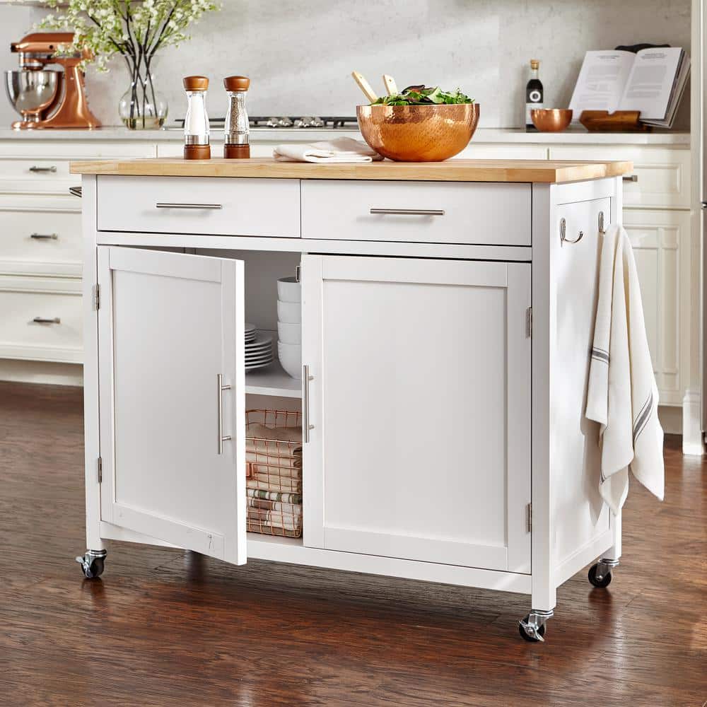 StyleWell Glenville Cream White Rolling Kitchen Cart with Butcher Block Top and Double-Drawer Storage (42" W), Cream White/Butcher Block