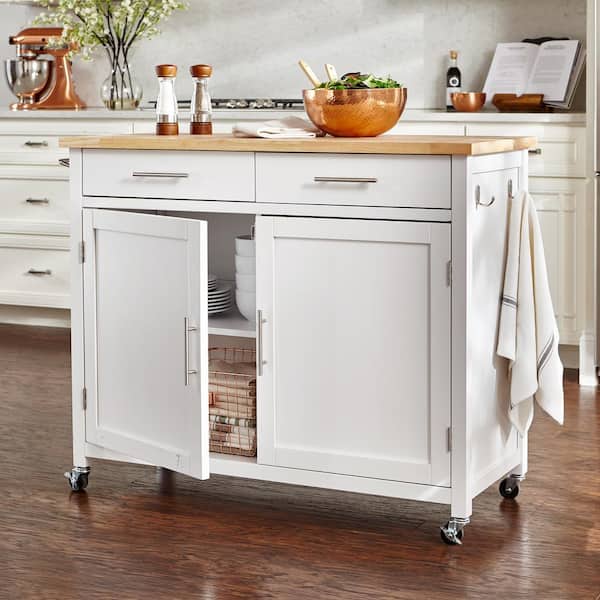 StyleWell Glenville Cream White Rolling Kitchen Cart with Butcher Block Top and Double-Drawer Storage (42" W)