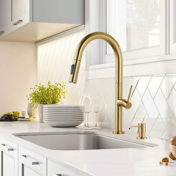 Stainless Steel Single Handle Pull-Down Sprayer Kitchen Faucet Set with Soap Dispenser in Brushed Gold