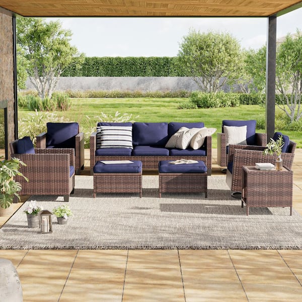 8-Piece Patio Outdoor Brown Wicker Conversation Seating Set Thickening Navy Blue Cushions With Swiveling Rocker