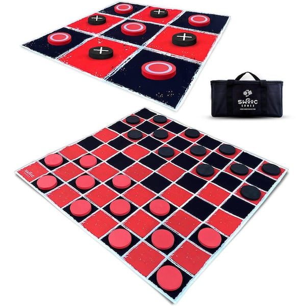 SWOOC 2-in-1 Vintage Giant Checkers and Tic Tac Toe Game W/ Mat-100% Machine-Washable Canvas With Big Foam Discs-Giant Games