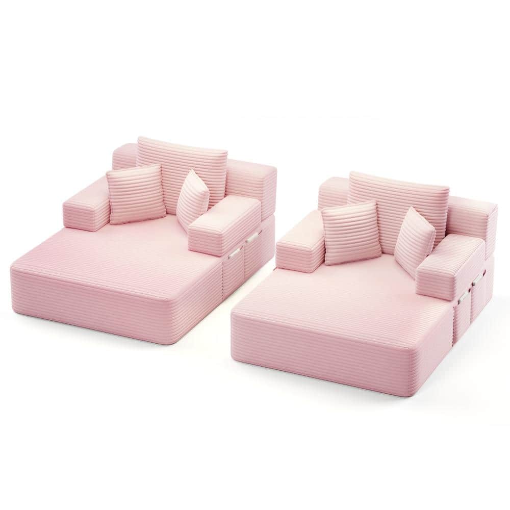48.5 in. Pink Plush Corduroy Oversized Double Chaise Lounge 2-Piece Set with 6 Pillows & Storage Pocket, Sofa Bed for