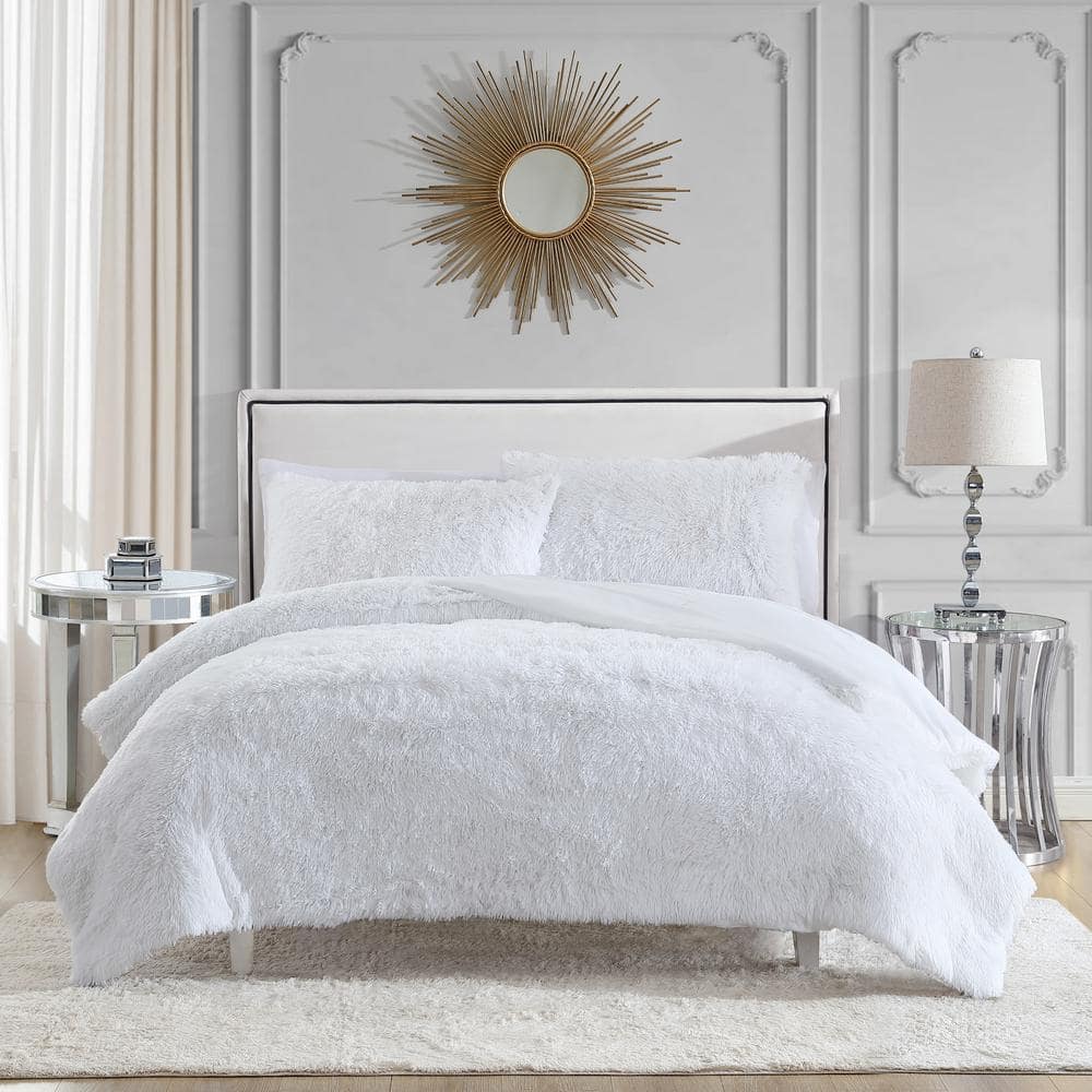 White Faux Fur Full Comforter Set with Reversible Shams