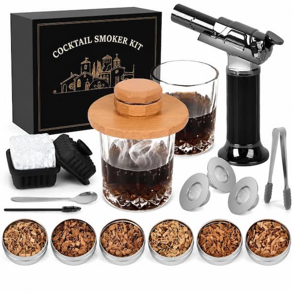 18-Piece Brown Wood Whiskey Smoker Kit with Torch and Glasses Cocktail Smoker Set for Home Bar Gifts