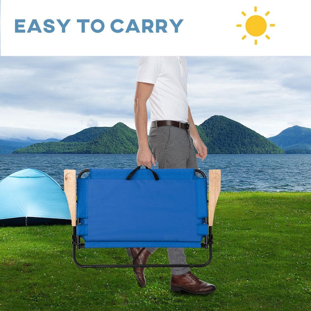 Blue Folding Double Camping Chair with Wood Armrests