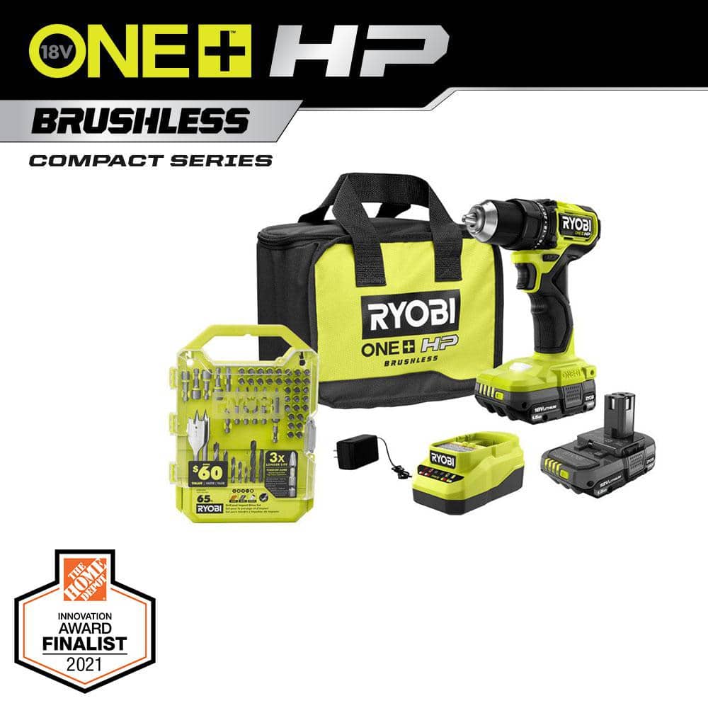 RYOBI ONE+ HP 18V Brushless Cordless Compact 1/2 in. Drill/Driver Kit with (2) 1.5 Ah Batteries, Charger, Bag, & 65PC Bit Set -  PSBDD01KA986501