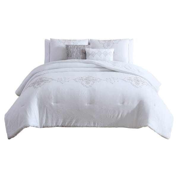 THE URBAN PORT Lynn 5- Piece White and Gray Solid Print Microfiber King Comforter Set