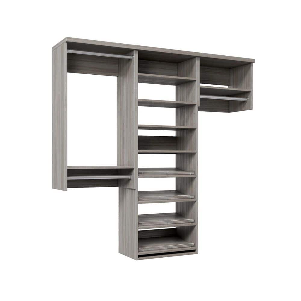 60 in. W Grey Oak Reach-in Wall-Mount 3-Rod 4-Shoe-Shelf 5-Shelf Wood Closet System