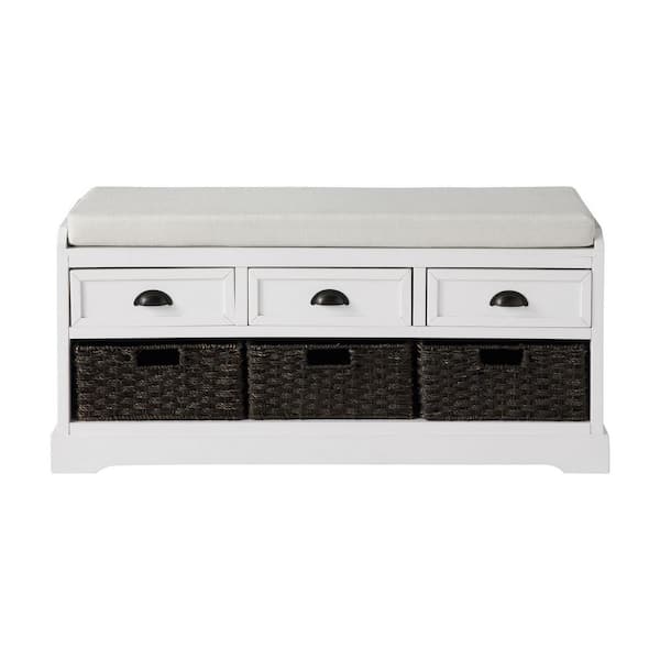 Huluwat White Homes Collection Wood Storage Bench with 3-Drawers and 3-Baskets (20.2 in. H x 44 in. W x 13.7 in. D)