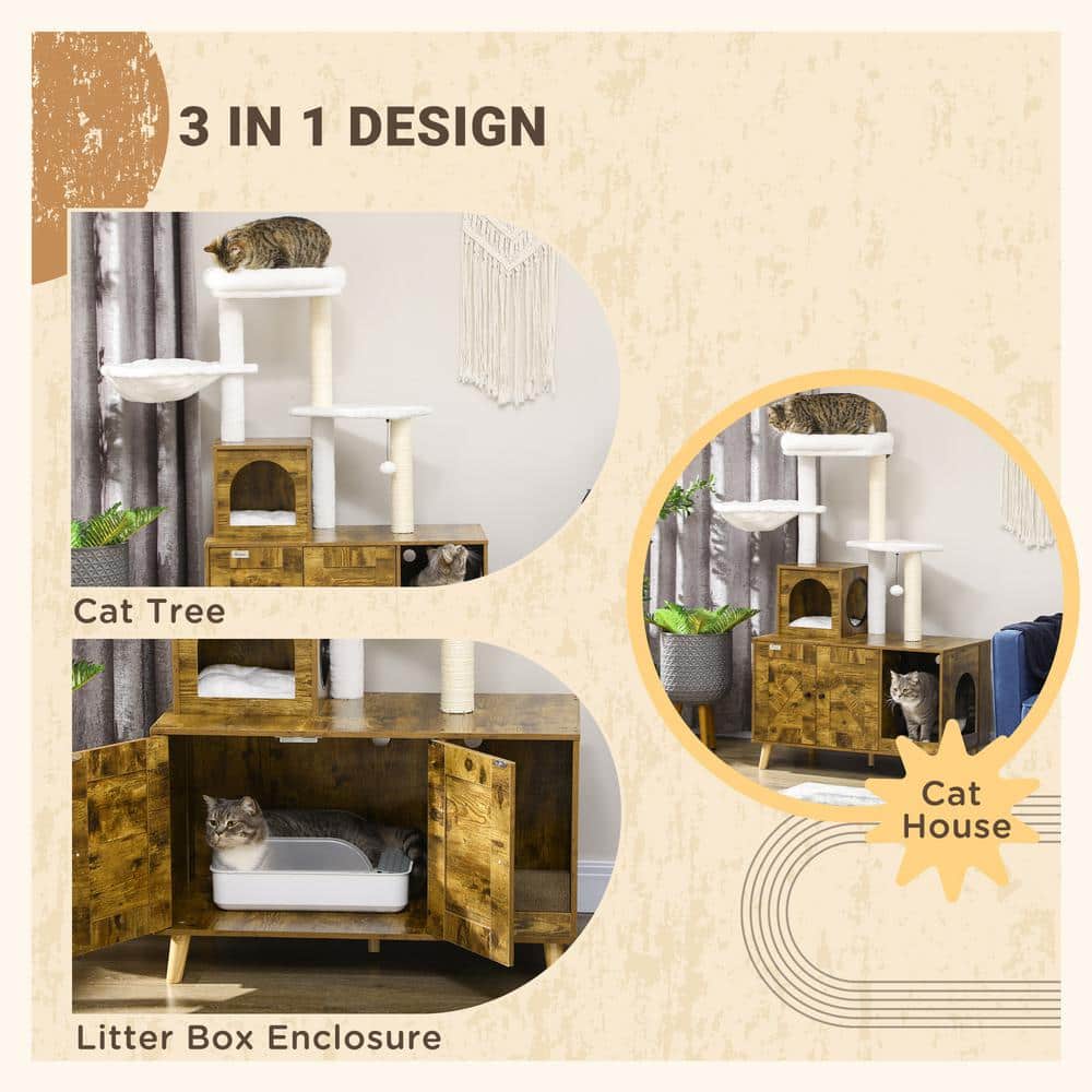 Rustic Brown Wooden Cat Tree with Litter Box Enclosure and Sisal Posts