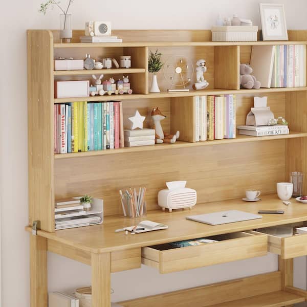 63 in. W Beige Kids Study Desk with Hutch, Wooden Writing/Computer Desk, Dual-Position Kids Desk with Drawers for Home