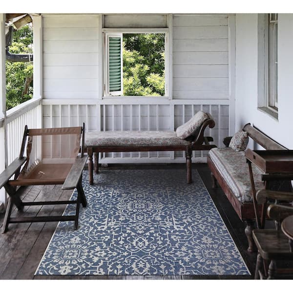 Monte Carlo Palmette Navy-Ivory 2 ft. x 12 ft. Indoor/Outdoor Runner Rug