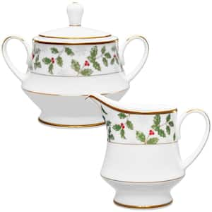 Holly and Berry Gold Sugar 10 oz. and Creamer 8 fl. oz. Set (White) Porcelain