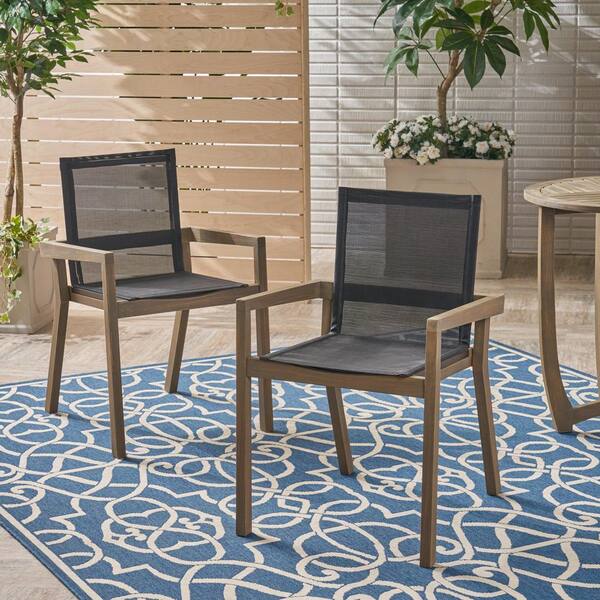 chic Gray Acacia Wood Outdoor Dining Chairs, Mesh Patio Chairs