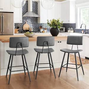 24.5 in. H Gray Metal Counter Height Bar Stools Curved Seat Faux Leather Barstools Set of 2