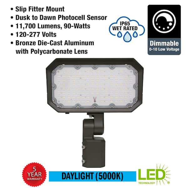 250-Watt Equivalent 12 in. 11700 Lumens Bronze Outdoor Integrated LED Flood Light Slip Fitter Photocell Security Light