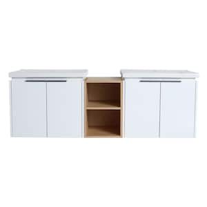 60 in. W x 18.5 in. D x 21 in. H Floating Bath Vanity in White with White Double Basin, and A Small Storage Shelve