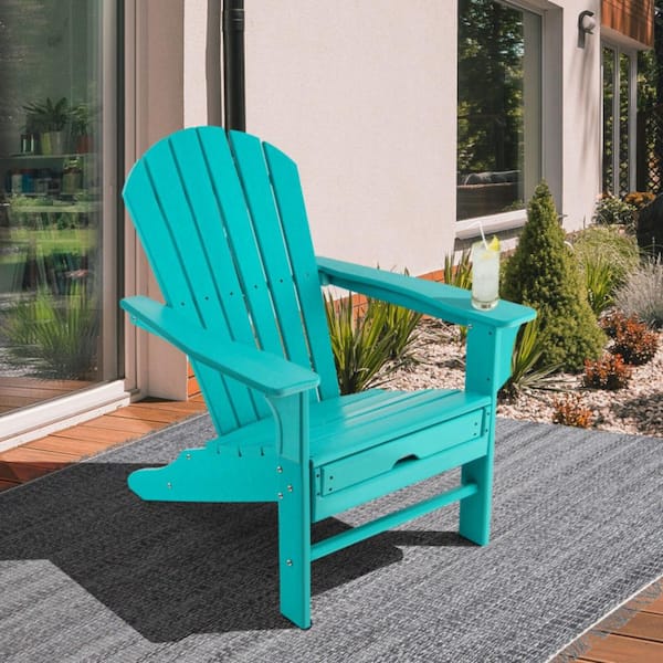 Turquoise HDPE Patio Adirondack Chair Set of 1 with Retractable Ottoman