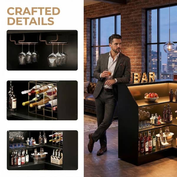 BYBLIGHT Kearsten 44.09 in. H Black 4-Tier L-Shaped Home Bar Table