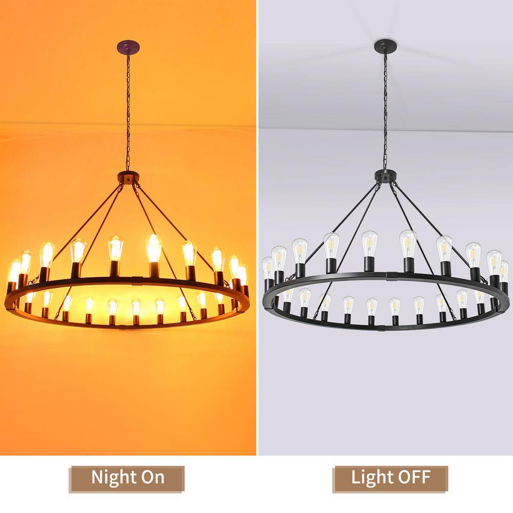Extra Large Black Metal 24-Light Wagon Wheel Chandelier