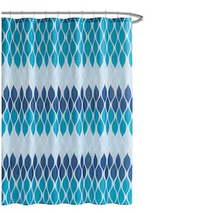 70 in. x 72 in. Clarisse Faux Linen Navy/Teal Geometric Textured Shower Curtain Set with Beaded Rings