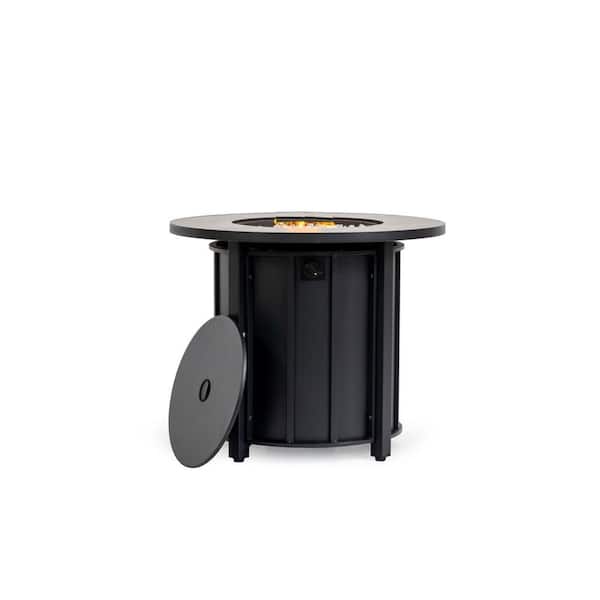 30 in. 50000 BTU Propane Fire Pit Table, Patio/Deck/Backyard Heater with Wood Grain Ceramic Tabletop & Glass Rocks Black