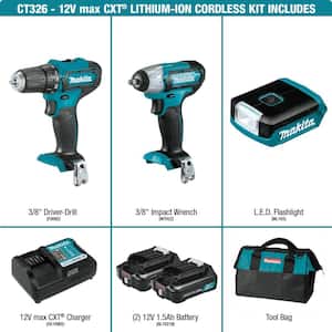 12V max CXT Lithium-ion Cordless 3-Piece Combo Kit (Driver-Drill/ Impact Wrench/ Light) 1.5 Ah