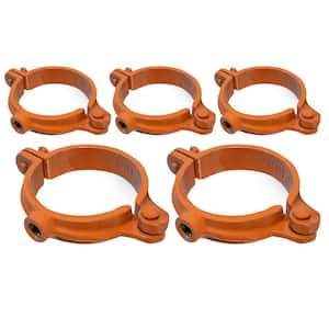 2 in. Hinged Split Ring Pipe Hanger, Copper Epoxy Coated Clamp with 3/8 in. Rod Fitting, for Hanging Tubing (5-Pack)