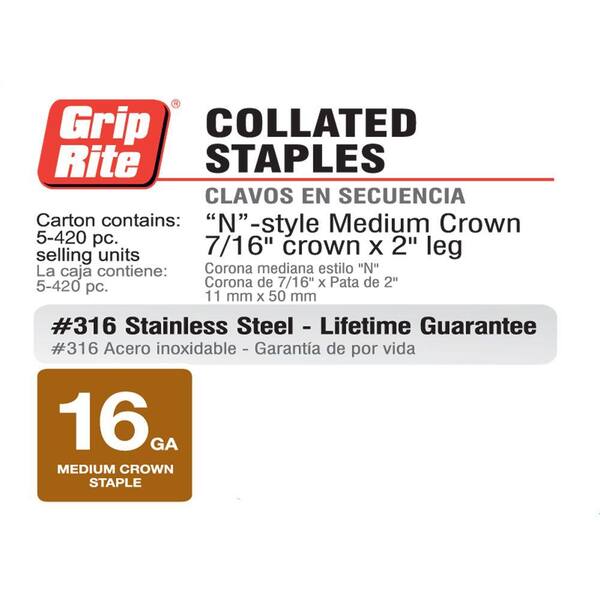 Grip Rite Prime Guard GRN17 16-Gauge Galv N-Style Medium Crown Staples 1-1/2-inch by 7/16-inch 10,000-Pack Steel 