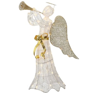 51 in. Trumpeting Gold and White Angel with Warm White LED Lights