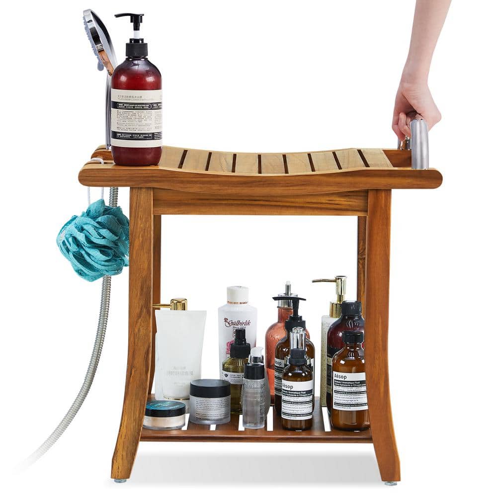 Large Teak Shower Bench with Handle and Shelf