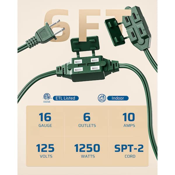 6 ft. 16/3 SPT-2 Indoor Extension Cord with 2-Groups 3-Polarized Outlets and Safety Cap Protect, (2-Pack) Green