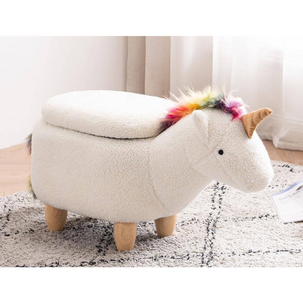 White and Multicolor Unicorn Fabric Storage Ottoman