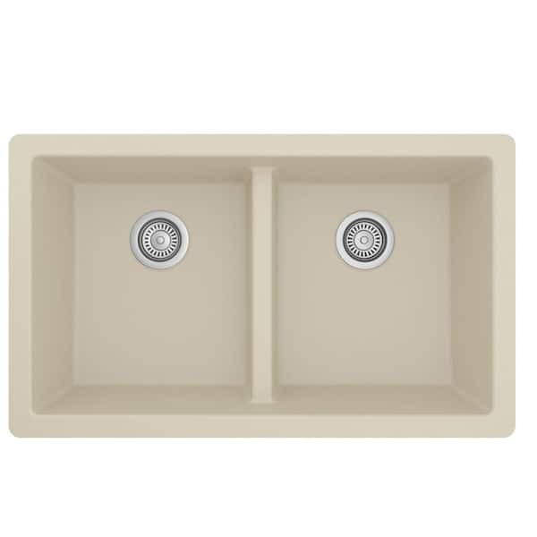 Karran QU-810 32 Undermount Double Equal Bowl Quartz Kitchen Sink in White