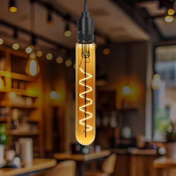 40W Equivalent T10L Dimmable LED Amber Glass Vintage Edison Large Light Bulb With Spiral Filament Warm White (12-Pack)