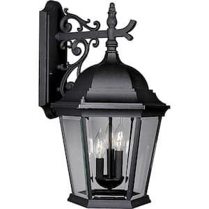 Welbourne Collection 3-Light Textured Black Clear Beveled Glass Traditional Outdoor Large Wall Lantern Light