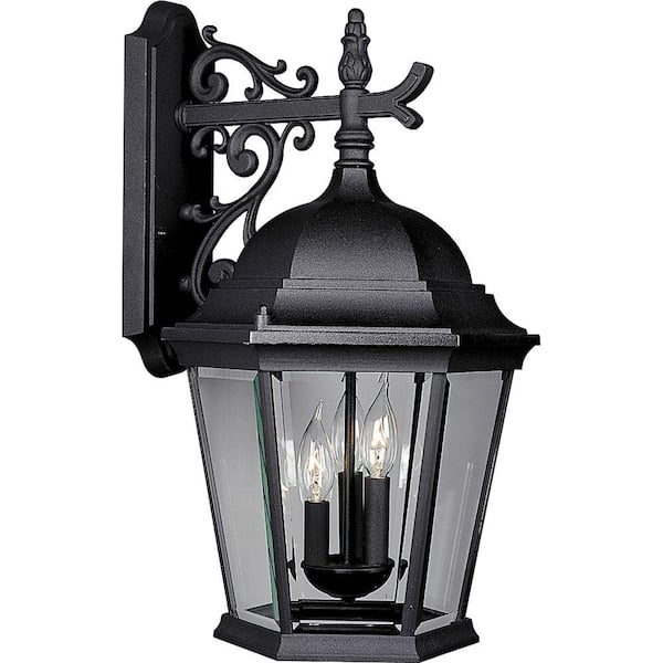 Progress Lighting Welbourne Collection 3-Light Textured Black Clear Beveled Glass Traditional Outdoor Large Wall Lantern Light