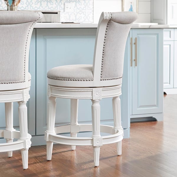 Chapman 26 in. Farmhouse White High Back Wood Swivel Counter Stool with Upholstered Gray Seat, 1-Stool