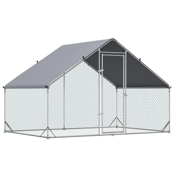 10 ft. x 6.5 ft. x 6.5 ft. Metal Chicken Coop Run with Cover, Walk-In Outdoor Poultry Pen for Rabbits, Ducks, Silver