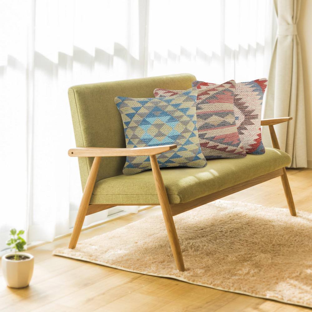 Southwestern Geometric Blue and Beige Cotton Throw Pillow, 18 x 18 inches
