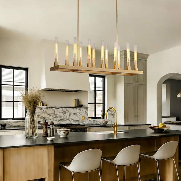 SILJOY 54 in. Gold 12-Light Glass Tube Chandelier-Modern Farmhouse