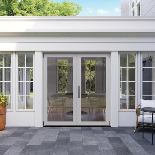 60 in. x 80 in. Right-Hand Folding White Fiberglass 2-Panel Patio Door w/ Low-E Glass and Nickel Handle