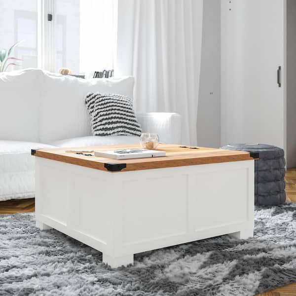 Wyatt 35.75 in. in White Square Wood Coffee Table with Hinged Lift Top Hidden Storage