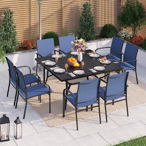 Black 9-Piece Metal Patio Outdoor Dining Set with Slat Square Table and Blue Textilene Chairs