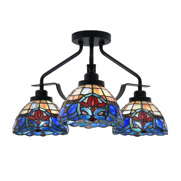 Unbranded Zara 17.5 in. 3-Light Matte Black Semi-Flush with 7 in. Sierra Art Glass Shades No Bulbs Included