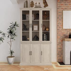 Vintage Style Beige Wood Grain 81.7 in. H Accent Storage Cabinet, Bookcase, Display Cabinet with 10 Shelves & 6 Doors