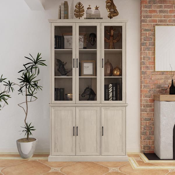 FUFU&GAGA Vintage Style Beige Wood Grain 81.7 in. H Accent Storage Cabinet, Bookcase, Display Cabinet with 10 Shelves & 6 Doors