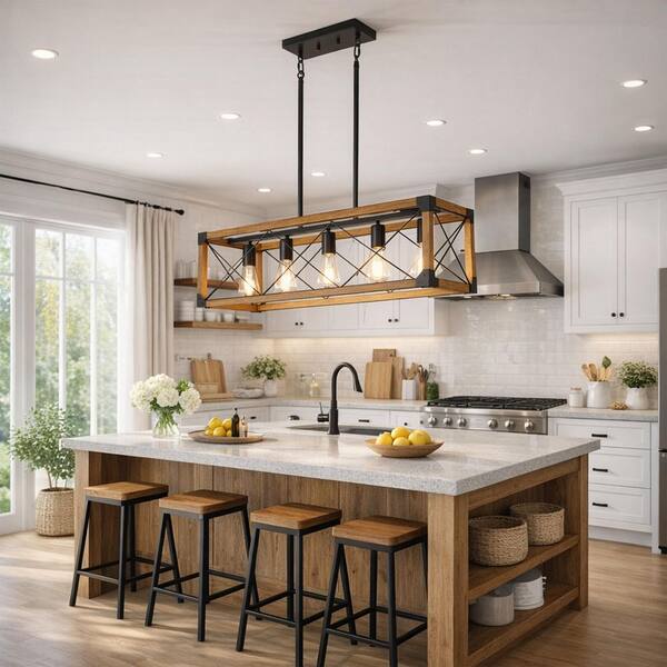 MODERN HABITAT 32 in. 5-Light Cage Walnut Rustic Linear Chandelier